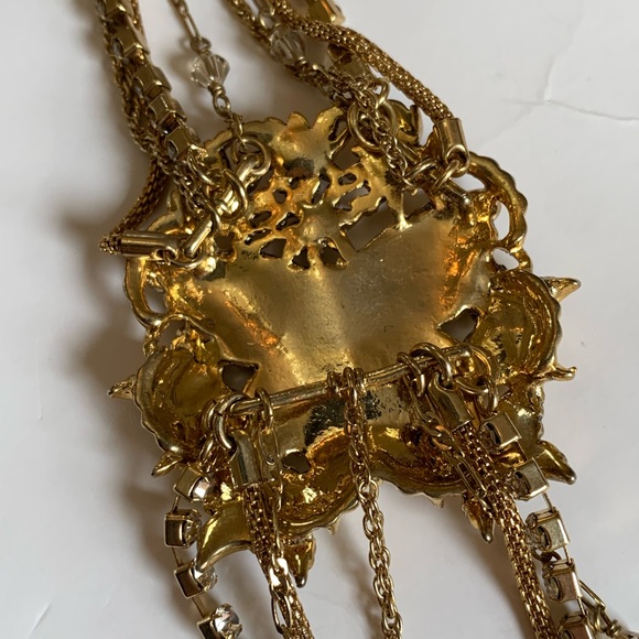 Long 28 Inch Muti Chain Necklace With Butterfly Pendant Gold Tone Rhinestones - Picture 8 of 10